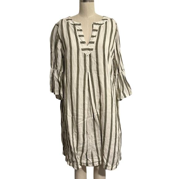 Soft Surroundings Rue Jussieu Linen Tunic Dress Olive Cream Stripe Medium - Picture 1 of 8